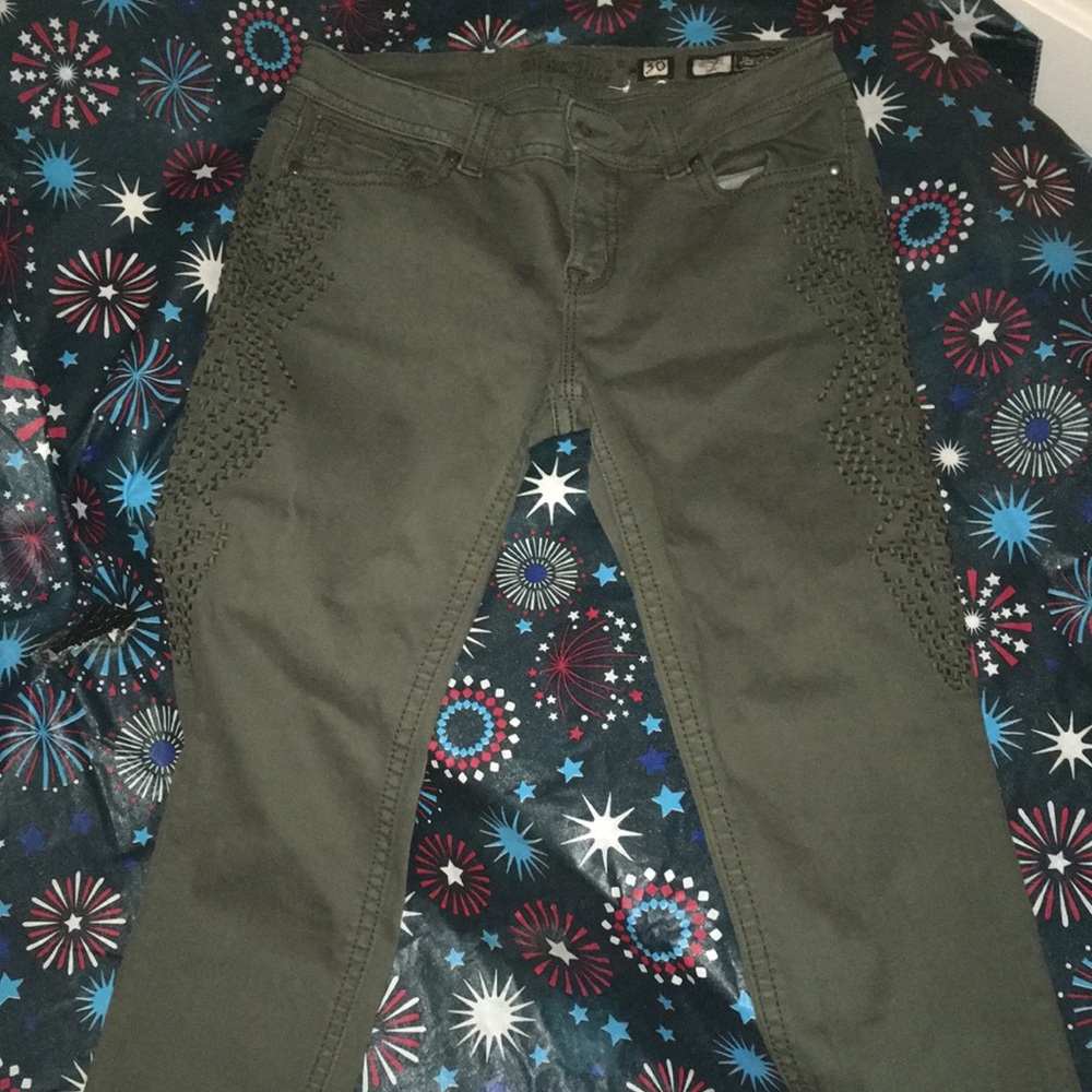 Miss Me Olive Green Skinny Jeans with Side Embroidered Detailing